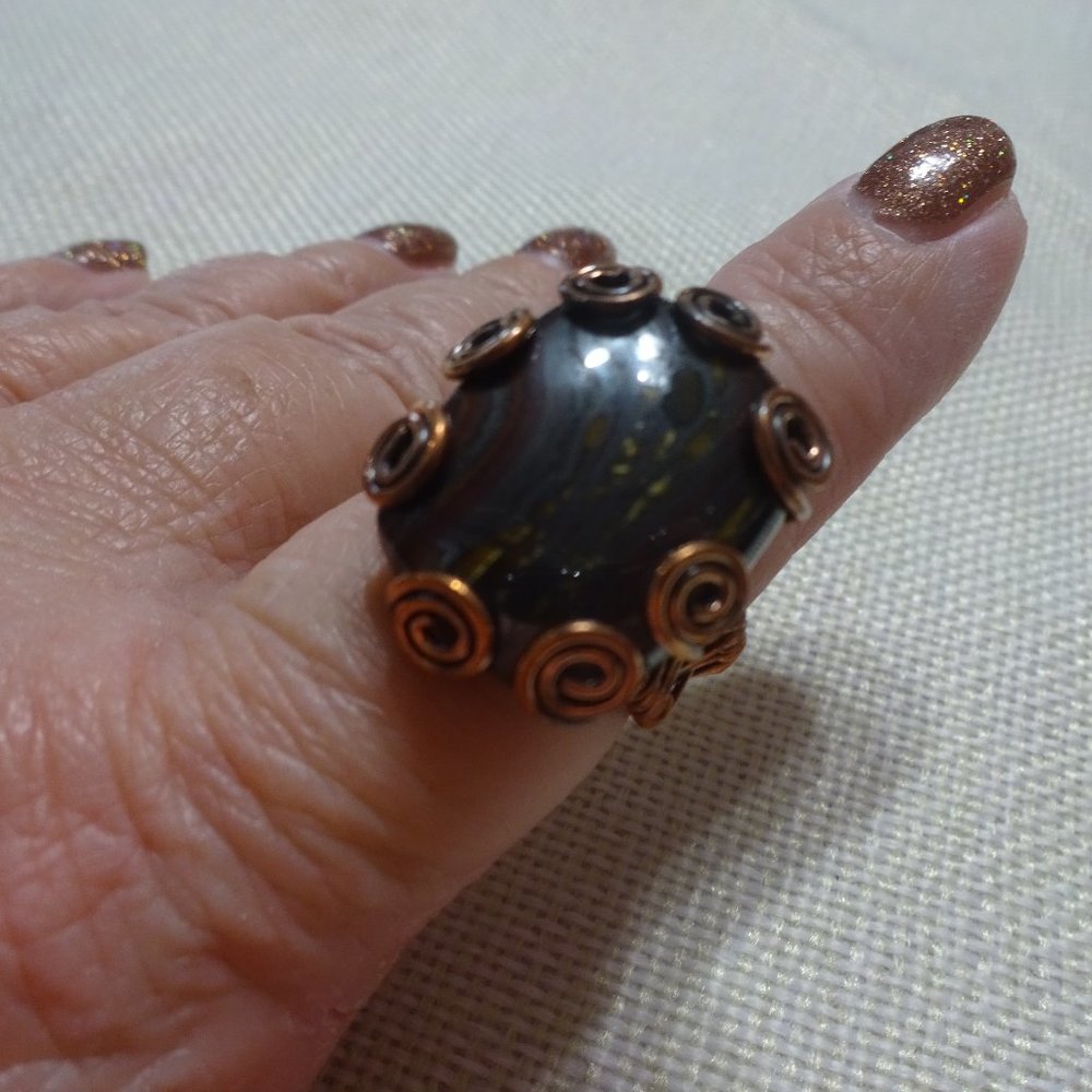 Rustic "IRON TIGER EYE" Handmade COOPER WIRE-WRAPPED Ring Size 10.5 #487B